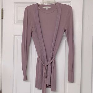 LC Lauren Conrad Long Line Lilac Eyelash Fringe Trim Cardigan Sweater Sz XS